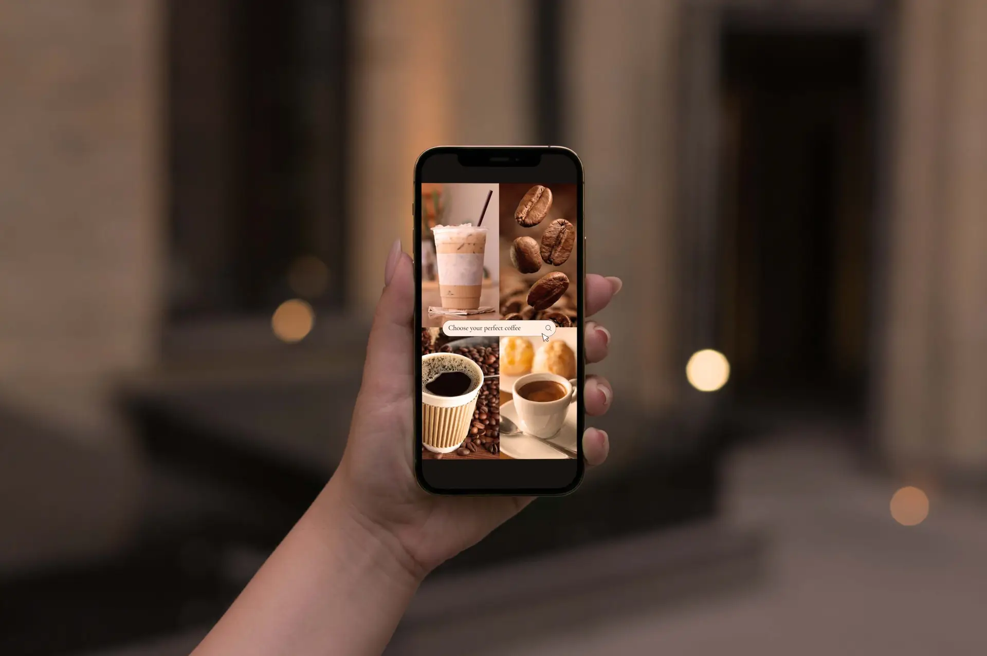 Phone in Women Hand Mockup with Bokeh